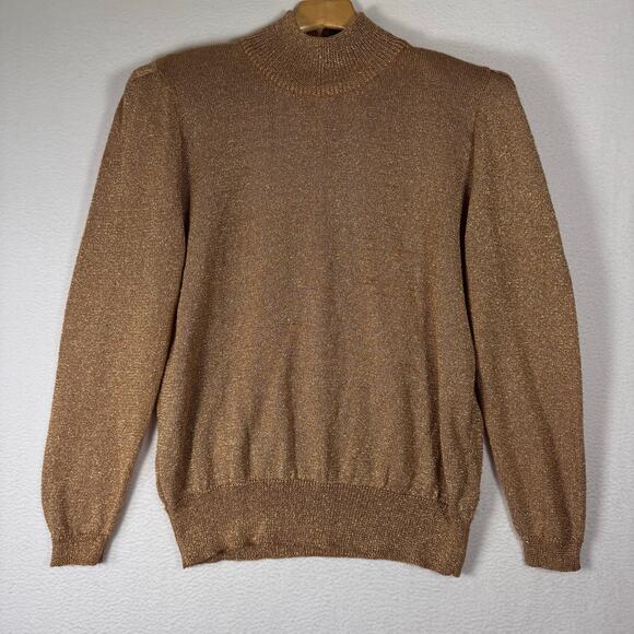 Vintage Ann Wi Gold Shimmer Metallic Knit Turtleneck Long Sleeve Sweater Medium - Picture 1 of 9